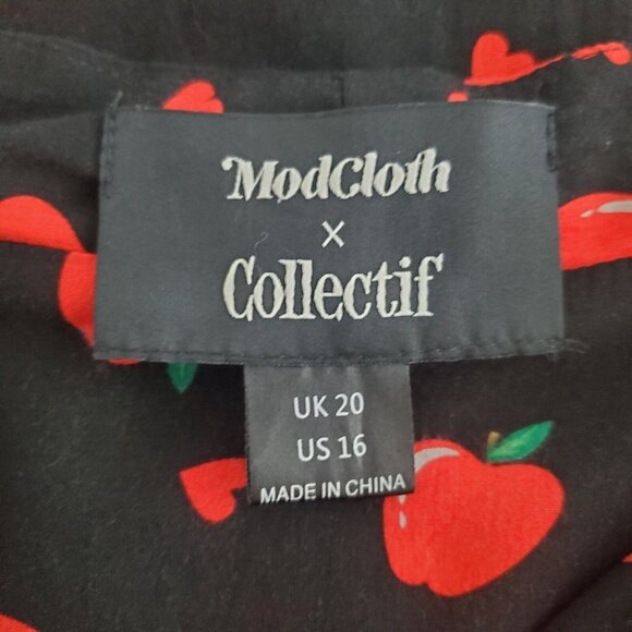 Modcloth X Collectif Womens Gwendolyn Love Apples Tea Dress Size US 16 Black Red - Picture 3 of 8